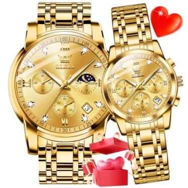 Imagem de OLEVS Conjunto de relógios automáticos para casal combinando românticos para homens e mulheres à prova d'água par de datas, 7003CP: ouro, Relógio social