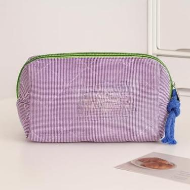 Imagem de Bolsa de maquiagem retrô quadriculada de grande capacidade - bolsa organizadora de cosméticos geométrica octogonal - Estojo de higiene de viagem elegante para itens essenciais e acessórios femininos