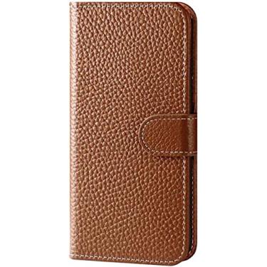 Imagem de GANYUU Carteira de capa de telefone de couro genuíno [porta-cartão], para Apple iPhone 14 Plus capa 2022 função stent botão magnético flip folio capa de telefone (cor: marrom)