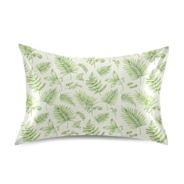 Imagem de Wassud Fronha de cetim com folha de palmeira verde para cabelo e pele, fronhas de seda lisa, tamanho queen, respirável, com fecho de envelope