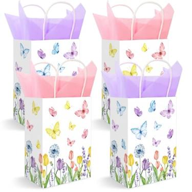 Imagem de JarThenaAMCS 24 sacos de papel florais de primavera com 30 folhas de papel de seda rosa roxo tulipa flor borboleta doces sacos com alças para lembrancinhas de festa de casamento de aniversário