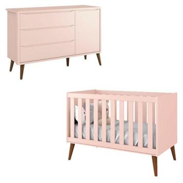 Imagem de Berço Americano e Cômoda Infantil 1 Porta Theo Rosa com Pés Amadeirado