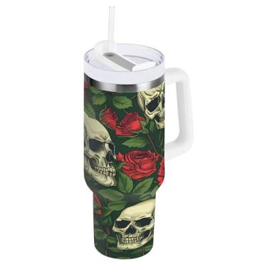 Imagem de SEHANY Copo de caveira e rosas de 850 g com alça, copo isolado de aço inoxidável a vácuo de parede dupla, caneca de café à prova de vazamento, copo isolado para viagem, cabe no suporte de copo de