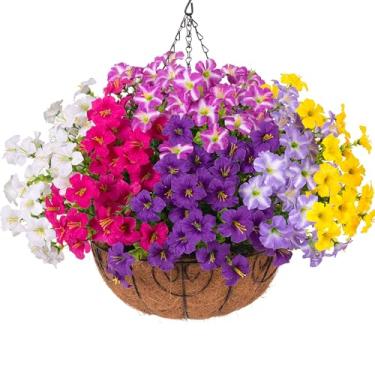 Imagem de INSPRING Cestas de flores artificiais para uso ao ar livre, plantas falsas, decoração de primavera, glória matinal de seda falsa resistente a UV em plantador, aparência de petúnias reais para pátio