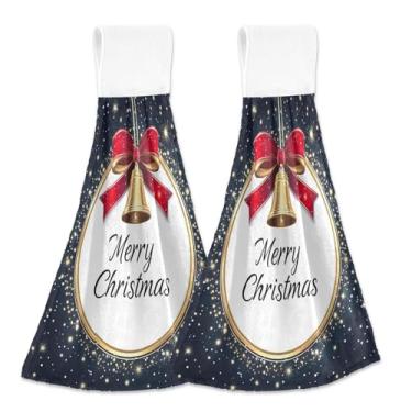 Imagem de Blueangle 2 Pçs Sinos Dourados de Natal Toalhas de Gravata Penduradas Toalha de Mão de Cozinha Absorvente Macio Coral Veludo Pano para Cozinha Banheiro (372)
