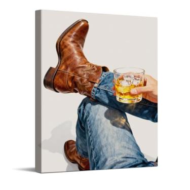 Imagem de CYFDYVT Arte de parede de botas de caubói marrom, fotografia de estilo de vida ocidental, botas de cowboy de couro e jeans jeans, vidro de uísque com gelo, impressão artística rústica moderna de