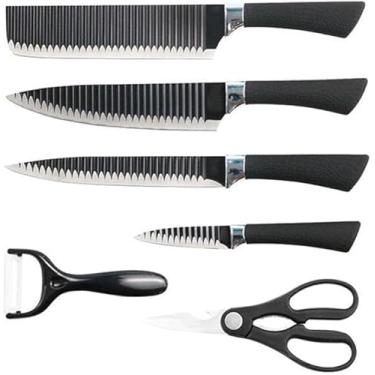 Imagem de Conjunto de Facas de Cozinha com Lâmina Serrilhada, 4 Facas em Aço Inoxidável com Cabo Preto, Inclui Tesoura e Descascador, 6 Peças