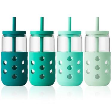 Imagem de Mrsdry Copos de vidro com tampas e canudos (pacote com 4), conjunto de copos de 473 ml com mangas de silicone para acessórios de cafeteria, xícaras de café geladas com tampas, copo de vidro