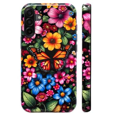 Imagem de Bcov Capa de camada dupla para Galaxy A17 5G, flores coloridas, borboleta, capa rígida híbrida à prova de choque + capa protetora de silicone para celular para Samsung Galaxy A17 5G