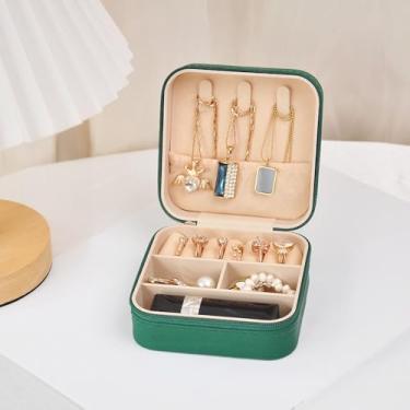 Imagem de Caixa de joias de viagem de poliuretano verde – Mini estojo organizador de joias portátil com suporte de armazenamento para anéis, brincos, colares e pulseiras