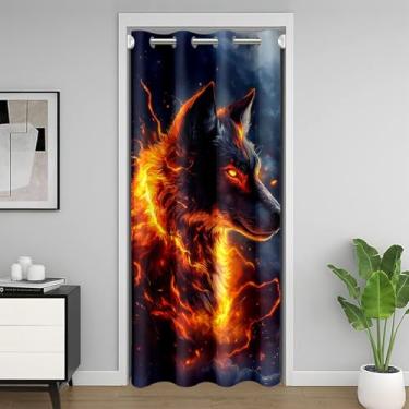 Imagem de jejeloiu Cortina de porta de lobo para privacidade de porta impressão 3D capa de armário cortina divisória de quarto de lobo de fogo 132 x 203 cm lobos uivando quarto sala de estar janela tratamentos