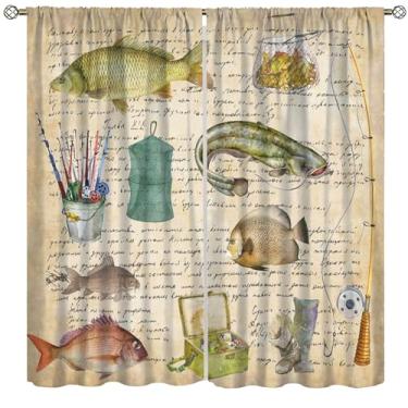 Imagem de Kurtect Cortina blackout de pesca vintage, rústica campestre com design de equipamentos de peixe Farbic Cortinas de janela para quarto, café, sala de jantar, escritório, sala de estar, cozinha, 107 x