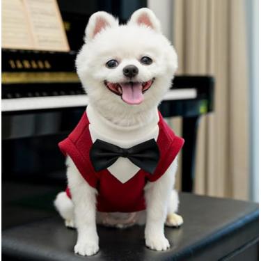 Imagem de 1 peça de roupas para animais de estimação, design quente de poliéster com gravata borboleta para cães e gatos, roupa de inverno para animais de estimação pequenos a médios, festas de Páscoa, vermelho