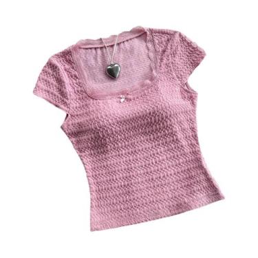 Imagem de Camiseta Feminina De Renda Com Decote Redondo, Slim, De Manga Curta, E