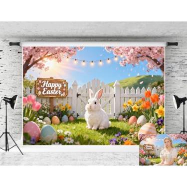 Imagem de Pano de fundo de páscoa de 3 x 2,4 m com faixa de fundo de flores de coelho para decoração de festa de jardim e quintal, adereços de cabine de fotos Hello Spring