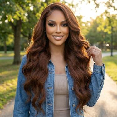 Imagem de Peruca de cabelo humano ondulado frontal de 66 cm, renda frontal transparente, 33 x 10 cm, sem cola, para mulheres, marrom claro