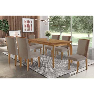 Imagem de Conjunto: Mesa Sala Jantar Londrina c/ Tampo Madeirado Canto Curvo 180x90cm e 6 Cadeiras Tilia Naturale - Suede Capuccino Rufato