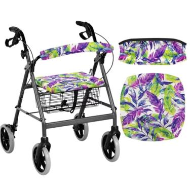 Imagem de Pxjivorg Capa de assento de andador com folhas em aquarela para mulheres, capas de assento e encosto de andador laváveis para idosos com capas de assento