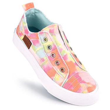Imagem de JENN ARDOR Tênis feminino elegante sem cadarço elástico cano baixo lona tênis moderno confortável casual caminhada sapatos, B - primavera, arco-íris, 7