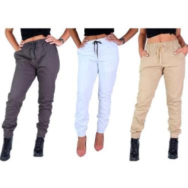 Imagem de Kit 3 Unid Calça Joguer Sarja Feminina Preto Azul Bege, 48