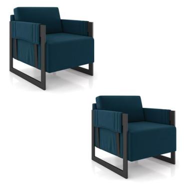 Imagem de Poltrona Decorativa Base Industrial kit 2 Rory Veludo Azul K01 - D'Ros