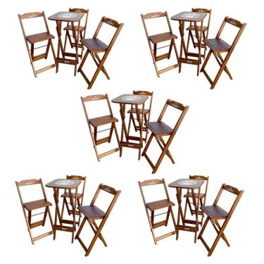 Imagem de Kit 5 Conjuntos Bistrô Mesa Com 3 Banquetas Dobráveis De Madeira Personalizada Hei - Imbuia Marrom