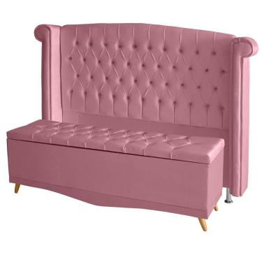 Imagem de Kit De Quarto Cabeceira De Cama Box E Calçadeira Baú Toquio Casal 140 Cm Suede Rosa Bebê Eli Móveis E Decoração