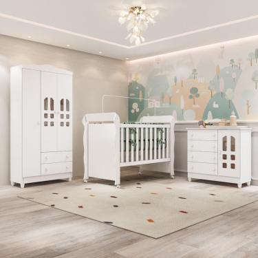 Imagem de Quarto Bebê Completo Berço Americano Marquesa 3Em1 Mirelle Guarda Roupa 3 Portas Cômoda Infantil 100% MDF