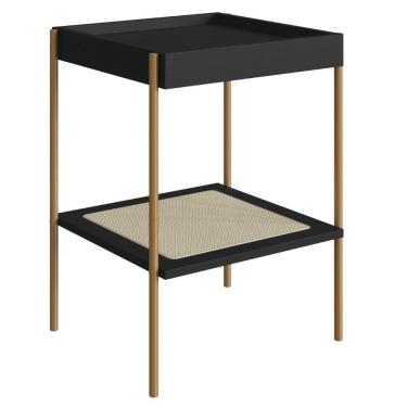 Imagem de Mesa Lateral De Apoio Oslo Artesano 43 Cm (largura) Mdp Nero Palha Sintética Bege Pé Metal Dourado