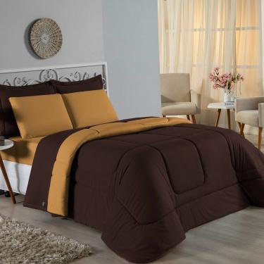 Imagem de Kit Edredom Dupla Face + Jogo De Lençol Queen Nobre 6 Peças Malha 100% Algodão - Marrom / Cobre