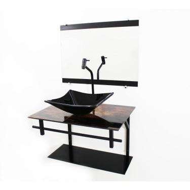 Imagem de Gabinete De Vidro 60Cm Com Cuba Quadrada - Madeira Rústica