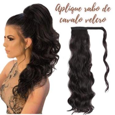 Imagem de Aplique Rabo De Cavalo Preto Ondulado Alto Colante Fibra Orgânica 70cm