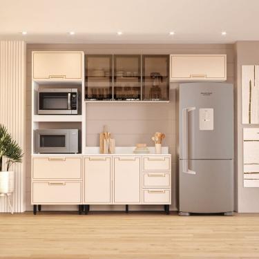 Imagem de Cozinha sem Rodapé Torre Quente Aéreo de Vidro e Balcão com Tampo Amara Creme/Branco