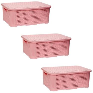 Imagem de 03 Caixa Organizadora Rattan 10 Litros Empilhavel com tampa Kit Cesto 