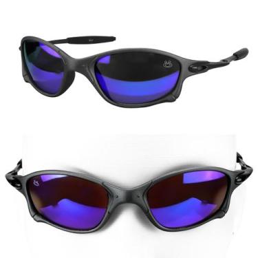 Imagem de Oculos Sol Praia Azul Proteção UV Lupa Preto Metal + Case qualidade pr