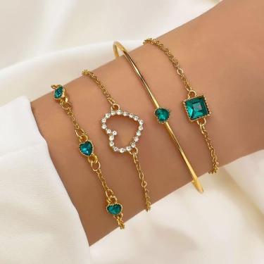 Imagem de Kit 4 Pulseiras Femininas Douradas Verde Coração Banho Ouro - MS CHOIC