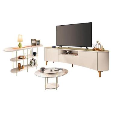 Imagem de Rack Bancada Elara Off White Champanhe e Mesa de Centro Sky com tampo 