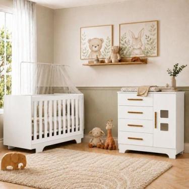 Imagem de Quarto de Bebê Mini Berço, Cômoda 1 Porta 4 Gavetas e Roupeiro Flocos 
