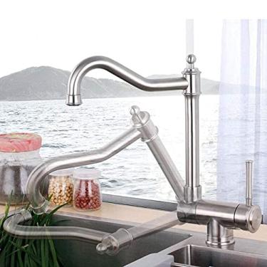 Imagem de Pkfinrd Torneiras de cozinha com janela interna, torneira de pia de cozinha de aço inoxidável dobrável quente e fria, torneira de cozinha escovada giratória de 360°