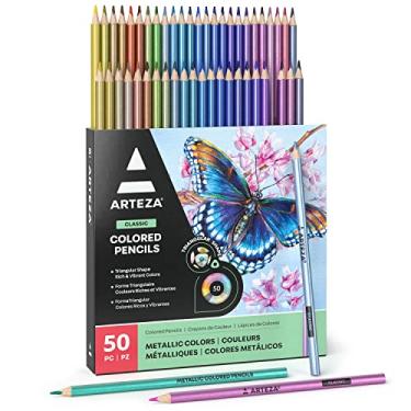 Imagem de ARTEZA Lápis de cor metálicos para colorir adultos, conjunto de 50 lápis de desenho, aderência triangular, conjunto de lápis pré-apontados, suprimentos de arte profissional para artistas, para colorir e esboçar