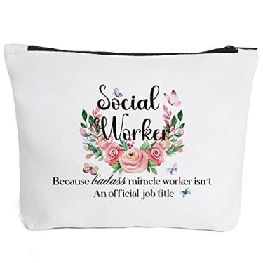 Imagem de Presentes de assistente social para mulheres - Social Worker Because Badass Miracle Worker isn't An Official Job Title Bolsa de maquiagem, Mês de assistente social exclusivo, apreciação, presentes de formatura para BSW, colega de trabalho, amigos, Azul: branco