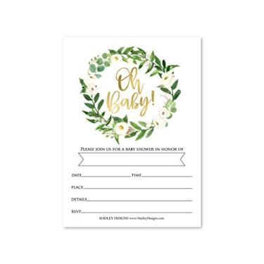 Imagem de 25 convites de chá de bebê em ouro verde, convites de chá de bebê para menino ou menina, tema neutro de revelação de jardim de berço, preenchimento botânico fofo ou escrita em cartão impresso em branco, materiais de festa floral "Faça você mesmo"