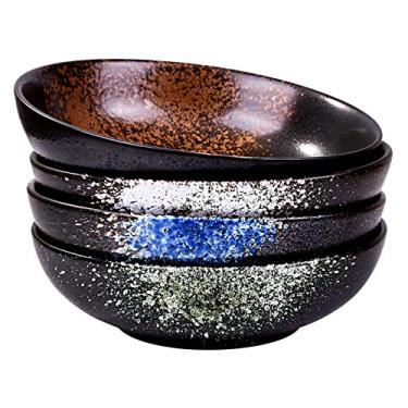 Imagem de Tigela grande para massa de 20 cm, tigelas de salada de cerâmica de 1,05 L, conjunto de 4 tigelas largas e rasas, seguras para micro-ondas e lava-louças, tigelas de ramen japonesas