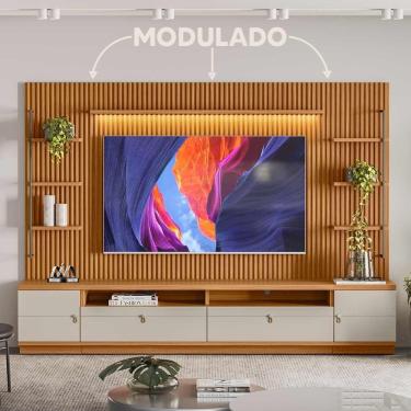 Imagem de Estante Home Ripado Modulado Para TV Até 75 Polegadas Nature Off White Ouro Preto Linea Brasil