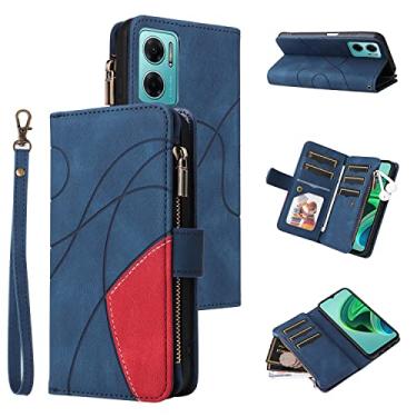 Imagem de Hee Hee Smile Capa carteira para Samsung Xiaomi Poco M4 5G Premium PU Couro Bolsa Magnética Zíper Bolso Slots para Cartão com Alça de Pulso Capa Azul