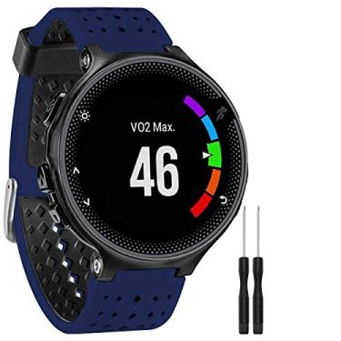 Imagem de GVFM Pulseira compatível com Garmin Forerunner 735XT, pulseira de substituição de silicone macio para relógio inteligente 220/230/235/620/630/735XT/235 Lite para mulheres e homens (azul-preto)