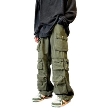 Imagem de Aldevin-Budis Calças jeans calças jeans calças cargo vários bolsos ferramentas calças masculinas soltas pernas largas streetwear casual hip-hop esfregando calças (verde exército, G)