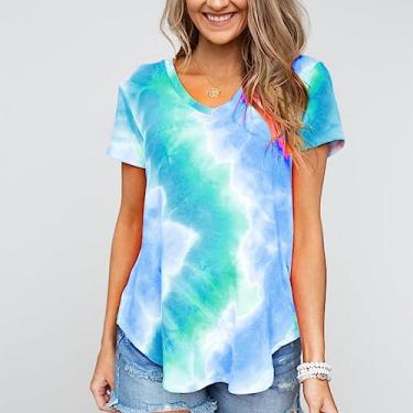Imagem de yeacher 2021 desejo verão novas roupas femininas europeias e americanas gradiente cor tie-dye manga curta solta top comércio exterior camiseta azul XXL
