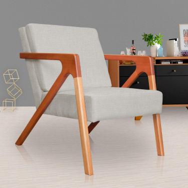 Imagem de Poltrona Decorativa Braços de Madeira Sala de Estar Monalisa Linho Bege - LM DECOR