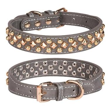 Imagem de Pimaodog Coleira de cachorro cravejada com pontas, coleira ajustável de couro macio para cães pequenos e médios Bulldog Pitbull Mastim Poodle Boxer (XS, Cinza3)